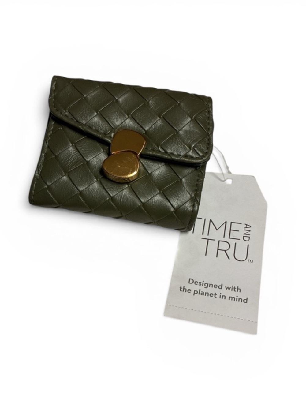 Time and Tru Vera Double Sided Olive Woven Trifold Wallet with Gold-Tone Closure